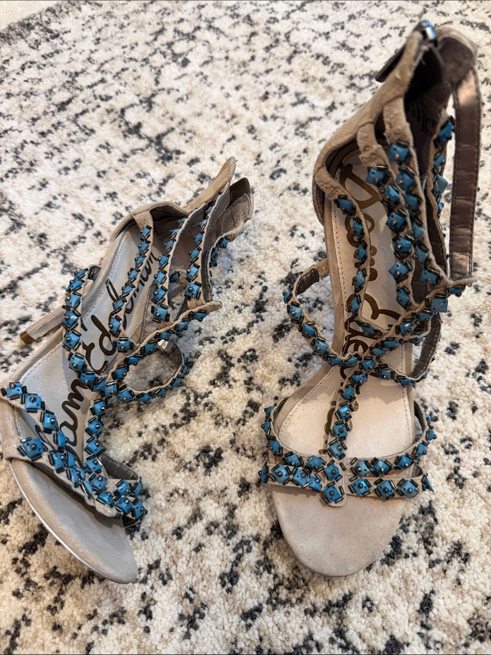 Sam Edelman Taupe Strappy Heels with Turquoise Studs